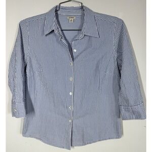 LL Bean Blue Stripe Long Sleeve Button Up Seersucker Shirt Stretchy Women's‎ M